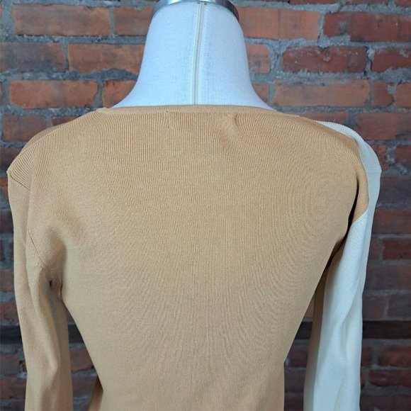 VTG Pullover Sweater Tan Ivory Color Block Rope Trim 3/4 Sleeves Lightwt Sz S - Picture 5 of 6